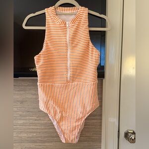 Orange and White Striped Zip-Up Swimsuit